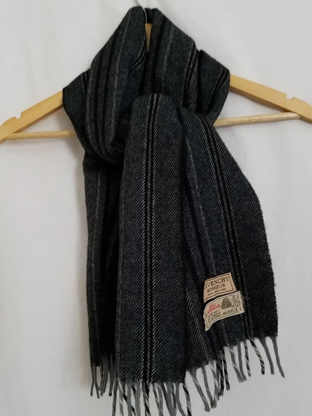 Givenchy Monsieur 100% Lambswool Scarf Gray Black | 5 Small Holes | Made in Urug